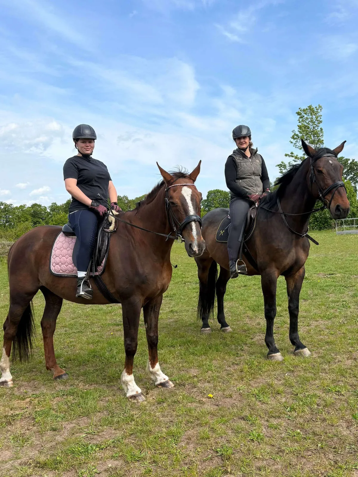 Kind reitet auf schwarzem Pony beim Unterricht